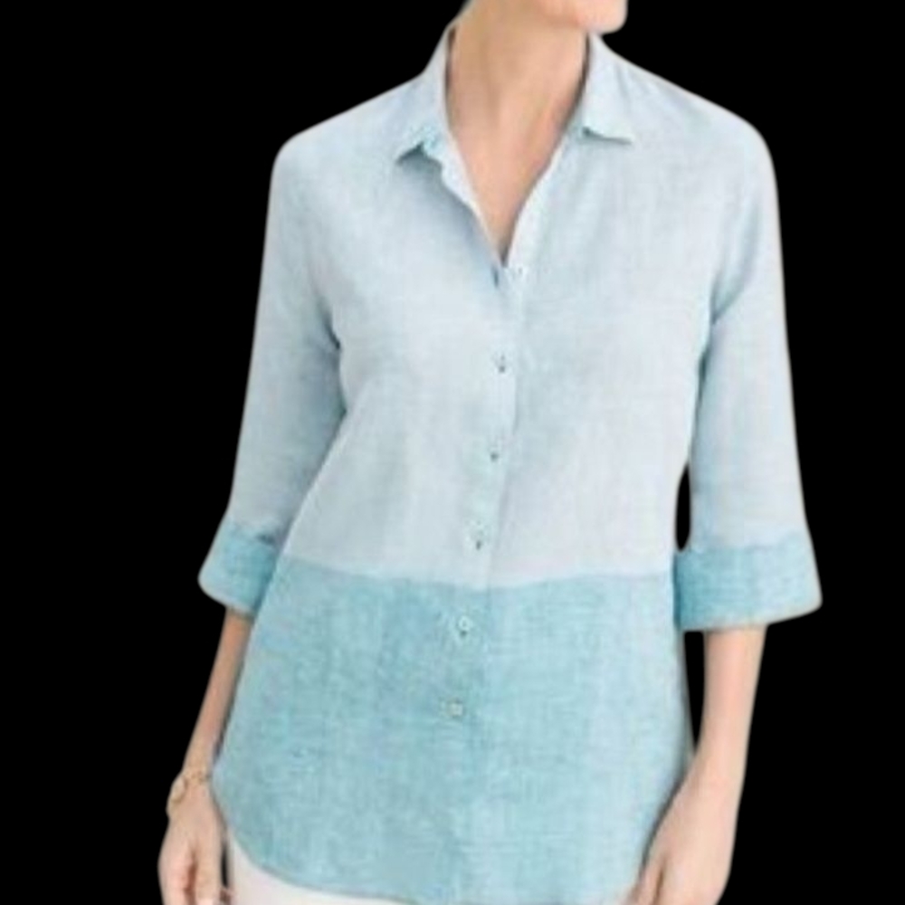 Chico's Blue and Green Button Down Shirt with Notched Collar No Iron Linen Sz18